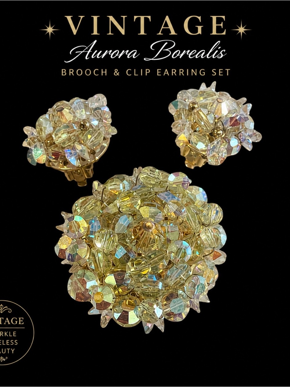 Vintage Aurora Borealis Beaded Brooch & Clip Earring Set - Mid Century